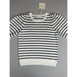 Marled Short Sleeve Sweater Women's Small Ivory Navy Stripped Preppy Basic